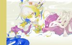  1girl absurdres arknights bare_shoulders blonde_hair blue_eyes blue_hair chinese_commentary choker closed_mouth colored_extremities commentary_request dated dragon_bubble_(arknights) dragon_girl dragon_horns flower frills hair_between_eyes hair_flower hair_intakes hair_ornament highres horns long_hair looking_at_viewer lying multicolored_hair off_shoulder official_alternate_costume partial_commentary pointy_ears shu_(arknights) shu_(spring_feast)_(arknights) smile solo uuo1_(faraway34878) white_hair yellow_choker 
