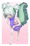  1girl :d absurdres agemmata ahoge bare_arms bare_legs bare_shoulders barefoot breasts bubble bubble_hair_ornament clothes_pull colored_tongue commentary dress english_commentary fang full_body green_hair green_nails green_tongue highres horizontal_pupils indie_virtual_youtuber looking_at_viewer nail_polish nipples no_pants open_mouth outline pink_background purple_dress purple_sweater rebbi_rompin red_eyes ribbed_sweater short_twintails simple_background skin_fang small_breasts smile solo spiral_cheeks sweater sweater_dress sweater_pull tadpole_tail thick_eyebrows toenail_polish toenails turtleneck turtleneck_dress turtleneck_sweater twintails virgin_killer_sweater virtual_youtuber white_outline 