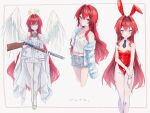  1girl :| alternate_costume ange_katrina ange_katrina_(6th_costume) angel_wings animal_ears ayuko_ammobium bare_arms bare_shoulders black_necktie blue_cardigan blue_eyes border breasts camisole cardigan closed_mouth collar collarbone commentary_request detached_collar dress embarrassed fake_animal_ears feathered_wings grey_shorts gun hair_between_eyes hair_ornament halo hand_on_own_wrist highres holding holding_gun holding_weapon inset_border leotard long_hair long_sidelocks long_sleeves looking_at_viewer midriff multiple_views necktie nijisanji official_alternate_costume outside_border pantyhose pink_border playboy_bunny rabbit_ears red_hair red_leotard shaded_face shoes short_dress short_necktie shorts shotgun sidelocks single_leg_pantyhose small_breasts star_(symbol) strapless strapless_leotard striped_cardigan sweat translation_request triangle_hair_ornament very_long_hair virtual_youtuber weapon white_background white_camisole white_collar white_dress white_pantyhose white_wings white_wrist_cuffs wings wrist_cuffs yellow_shoes 