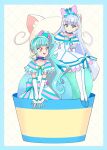  2girls :d absurdres animal_ear_hairband animal_ears aqua_bow aqua_hair aqua_hairband aqua_hat arched_bangs arm_support arm_warmers bare_shoulders blue_border blue_bow blue_choker blue_crown blue_eyes blue_hairband blue_shoes blunt_bangs blunt_ends blush border bow bow_hairband bowl bright_pupils brooch cat cat_ear_hairband cat_ears chest_bow choker collarbone commentary crown crown_earrings cure_lillian cure_nyammy dot_nose dress dress_bow earrings fake_animal_ears food frilled_arm_warmers frilled_dress frills grid_background hairband hat heart heart_brooch highres hinoki_(91011) ice_cream jewelry long_hair looking_at_another magical_girl medium_dress mini_crown mini_hat mini_top_hat multiple_girls nekoyashiki_mayu nekoyashiki_yuki off-shoulder_dress off_shoulder open_mouth oversized_food oversized_object pact_holder pearl_earrings petticoat ponytail pouch precure purple_eyes shiny_cats_pact shoes side_ponytail sitting smile straight_hair striped_bow thighhighs tilted_headwear top_hat very_long_hair white_arm_warmers white_background white_bow white_dress white_fur white_hair white_thighhighs wonderful_precure! yellow_pupils 