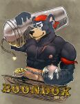 anthro bear black_body black_fur brown_eyes chain chest_scar chumbasket coin ear_piercing ear_ring facial_piercing fur hi_res holding_bomb holding_cannon lip_piercing lip_stud male mammal mouth_closed multiple_piercings muscular muscular_anthro muscular_male nipple_piercing nipple_ring nipples pecs piercing pirate_outfit ring_piercing scar simple_background solo