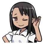  1girl 774_(nanashi) ;) black_hair brown_eyes closed_mouth collared_shirt ijiranaide_nagatoro-san long_hair lowres nagatoro_hayase one_eye_closed shirt simple_background smile solo tan upper_body white_background white_shirt 