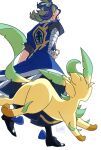  1boy adaman_(pokemon) arm_wrap black_pants black_shoes blue_coat blue_hair coat commentary_request from_below hand_on_own_hip highres leafeon loose_hair_strand male_focus multicolored_hair pants pokemon pokemon_(creature) pokemon_legends:_arceus print_coat sasami_642 shoes standing walking 