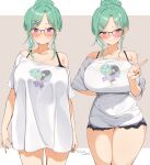  1girl absurdres black_nails blush breasts choco_tanuki cleavage collarbone glasses green_hair hair_ornament hairclip highres jewelry large_breasts necklace purple_eyes shirt smile twitter_username v vspo! white_shirt yakumo_beni yakumo_beni_(5th_costume) 