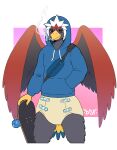 abstract_background accipitrid accipitriform anthro artist_logo avian back_wings bag beak bird black_claws black_eyeliner black_eyes black_finger_claws black_makeup black_straps black_talons blue_bag blue_cere blue_clothing blue_diaper_fastener blue_fastener blue_hoodie blue_tail blue_tail_feathers blue_tail_tip blue_topwear braviary cere_(anatomy) chest_bag cigarette cigarette_in_mouth cigarrete claws clean_diaper cloth_diaper clothed clothing darksidefighter diaper diaper_fastener diaper_fetish digital_drawing_(artwork) digital_media_(artwork) dipstick_tail drawstring drawstring_clothing drawstring_hoodie drawstring_topwear eagle eyelashes eyeliner fan_character fan_tail fastener feather_hair feather_tuft feathered_crest feathered_wings feathers finger_claws front_view generation_5_pokemon glistening glistening_beak glistening_eyes gradient_background grey_body grey_crotch grey_face grey_feathers grey_legs grey_wings hand_in_pocket head_crest hi_res holding_object holding_skateboard hood_up hoodie humanoid_hands laid_back lit_cigarette logo makeup male markings multicolored_body multicolored_feathers multicolored_tail multicolored_tail_feathers nado_soarian nintendo object_in_mouth pink_background pockets pokemon pokemon_(species) pokemorph portrait pseudo_hair purple_background red_body red_feathered_crest red_feathers red_tail red_tail_feathers red_wings simple_background skateboard smoke smoking smoking_cigarette solo tail tail_feathers tail_markings talon_hands tan_cloth_diaper tan_feather_hair three-quarter_portrait topwear tuft vehicle wearing_diaper white_background white_diaper_fastener white_drawstring white_fastener white_feathered_crest wings yellow_beak yellow_hands yellow_tail yellow_tail_feathers