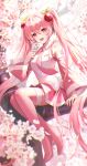  1girl :d bare_shoulders blurry blurry_background blush boots bow branch breasts cherry_blossoms cherry_hair_ornament commentary_request detached_sleeves flower food-themed_hair_ornament full_body hair_between_eyes hair_bobbles hair_bow hair_ornament hatsune_miku highres holding holding_flower in_tree long_hair long_sleeves looking_at_viewer medium_breasts necktie number_tattoo open_mouth outdoors pink_boots pink_eyes pink_flower pink_hair pink_necktie pink_skirt pink_sleeves pink_thighhighs pleated_skirt plus1024 sakura_miku shirt shoulder_tattoo sitting sitting_in_tree sitting_on_branch skirt sleeveless sleeveless_shirt smile solo tattoo teeth thigh_boots thighhighs tie_clip tree twintails upper_teeth_only very_long_hair vocaloid wide_sleeves zettai_ryouiki 