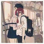  1boy 1girl ayase_momo backpack bag black_choker black_hair blue_skirt blush bow bowtie brown_hair cat choker closed_mouth collared_shirt commentary_request cowboy_shot dandadan earrings from_side glasses hair_between_eyes hand_on_another&#039;s_arm indoors jewelry k_ysd001 kami_high_school_uniform leaning_on_person loose_bowtie miniskirt people pleated_skirt profile red_bow red_bowtie round_eyewear school_uniform shirt short_hair skirt standing takakura_ken_(dandadan) train train_interior turbo_granny_(dandadan) white_shirt 