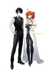  1boy 1girl anniversary arlizi black_gloves black_hair black_pants black_pantyhose black_shoes black_skirt black_vest blue_eyes closed_mouth collared_shirt dress fate/grand_order fate_(series) flower fujimaru_ritsuka_(female) fujimaru_ritsuka_(female)_(fgo_fes._2025) fujimaru_ritsuka_(male) full_body gloves hair_ornament hair_ribbon hands_on_own_hips highres jewelry looking_at_viewer medium_hair necklace orange_hair pants pantyhose pinstripe_pants pinstripe_pattern ribbon shirt shoes short_hair shrug_(clothing) simple_background skirt standing star_(symbol) star_hair_ornament vest white_background white_dress white_shirt white_shrug wing_collar yellow_eyes yellow_flower 