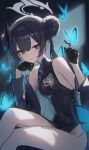  1girl absurdres bare_shoulders black_background black_coat black_dress black_gloves black_hair blue_archive blue_butterfly braid braided_bun breasts bug butterfly butterfly_on_hand center-flap_bangs china_dress chinese_clothes chinese_commentary coat commentary_request crossed_legs double_bun dragon_print dress gloves glowing_butterfly grey_eyes grey_halo hair_bun halo hand_on_own_cheek hand_on_own_face hands_up highres index_finger_raised kisaki_(blue_archive) light_particles light_smile looking_at_viewer off_shoulder pelvic_curtain print_dress shali side_slit sidelocks sitting small_breasts solo thighs 