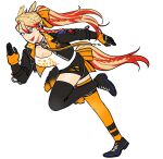  1girl :d animal_ears axel_syrios black_gloves black_jacket black_shoes black_shorts black_thighhighs blonde_hair blue_eyes bow braid braided_tail breasts clothes_writing collar commentary elbow_gloves english_commentary fingerless_gloves full_body genderswap genderswap_(mtf) gloves hair_between_eyes hair_bow highres hiimtae_sb holostars holostars_english horse_ears horse_girl horse_tail jacket kemonomimi_mode large_breasts layered_gloves leash long_hair long_sleeves mismatched_thighhighs open_clothes open_jacket open_mouth orange_bow orange_gloves orange_hair orange_thighhighs ponytail running shirt shoes short_shorts shorts side_braid simple_background single_braid smile sneakers solo tail thighhighs umamusume virtual_youtuber white_background white_shirt 