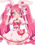  1girl :o animal_ears animal_shoes boots bow bow_skirt bowtie buttons cake choker cure_whip dot_nose earrings expressionless extra_ears eyelashes floppy_ears food food-themed_clothes food-themed_hair_ornament food_print frilled_skirt frilled_sleeves frills fruit_print full_body gloves hair_ornament hairband hands_on_own_head heart heart_print high-waist_skirt high_heel_boots high_heels jewelry kirakira_precure_a_la_mode layered_skirt light_blush long_hair looking_at_viewer magical_girl miniskirt mizumi_(mizmi) parted_lips pink_bag pink_boots pink_bow pink_bowtie pink_choker pink_eyes pink_hair pink_hairband pink_vest pom_pom_(clothes) pom_pom_earrings precure puffy_short_sleeves puffy_sleeves rabbit_ears rabbit_girl shirt short_sleeves simple_background sitting skirt solo strawberry_brooch strawberry_print strawberry_shortcake tareme two-tone_bag usami_ichika v very_long_hair vest waist_bag wariza wavy_hair white_background white_gloves white_shirt white_skirt yellow_bag yellow_skirt 