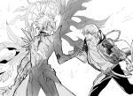  2boys arawaex asymmetrical_wings bare_pectorals caelus_(honkai:_star_rail) closed_eyes feet_out_of_frame greyscale halo highres holding_hands honkai:_star_rail honkai_(series) jacket looking_at_another material_growth monochrome multiple_boys open_mouth pants pectorals phainon_(honkai:_star_rail) phainon_(khaslana)_(honkai:_star_rail) shirt short_hair simple_background smile trailblazer_(honkai:_star_rail) white_background wings 