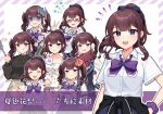  &gt;_&lt; +_+ 1girl :d :q @_@ alternate_hairstyle anger_vein bespectacled binchou_maguro black_ribbon black_sweater blush bow bowtie brown_hair brown_skirt character_name closed_eyes closed_mouth collared_shirt commentary_request cup earmuffs glasses hair_ribbon hand_up holding holding_cup holding_saucer holding_spatula long_hair long_sleeves looking_at_viewer mole mole_under_eye multiple_views natsuki_karin open_mouth outline outstretched_arm parted_lips pointing ponytail purple_bow purple_bowtie purple_eyes purple_scrunchie red-framed_eyewear red_scarf ribbon saucer scarf scrunchie shaded_face shirt short_sleeves skirt smile sparkle spatula squiggle sweater synthesizer_v tongue tongue_out translation_request v white_background white_outline white_shirt wrist_scrunchie xd 