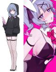  1girl absurdres animal_ears armband bandaid bandaid_on_knee bandaid_on_leg bare_shoulders black_armband black_hoodie black_leotard black_shoes blue_eyes blue_hair bow bowtie breasts center-flap_bangs channel_(caststation) closed_mouth cutout_above_navel detached_collar drooling fake_animal_ears fake_tail fishnet_thighhighs fishnets full_body hair_ornament hand_in_pocket hatsune_miku heart heart-shaped_pupils high_heels highres holding holding_phone hood hood_up hoodie leotard medium_breasts multiple_views necktie open_mouth phone pink_background price_tag rabbit_ears rabbit_hole_(vocaloid) rabbit_tail red_bow red_bowtie red_necktie shoes sweat symbol-shaped_pupils tail thighhighs torogao twintails vocaloid x_hair_ornament zettai_ryouiki 