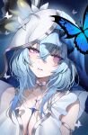  1girl armlet blue_butterfly blue_hair blue_veil breasts bug butterfly collarbone commentary dress english_commentary erbium hair_between_eyes highres jewelry large_breasts long_hair parted_lips portrait revision shorekeeper_(wuthering_waves) sleeveless sleeveless_dress solo two-tone_veil veil white_dress white_veil wuthering_waves 