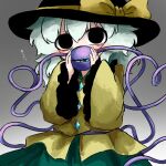  1girl black_hat covering_own_mouth frilled_sleeves frills gradient_background green_skirt grey_background hat hat_ribbon heripantomorrow komeiji_koishi looking_at_viewer ribbon shirt skirt solo third_eye touhou white_hair yellow_ribbon yellow_shirt 