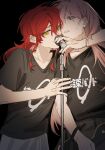  black_background blue_eyes bocchi_the_rock! bracelet collarbone gotoh_hitori guitar highres instrument jewelry kessoku_band_t-shirt kita_ikuyo lingyi microphone music pink_hair print_shirt red_hair shirt simple_background singing yellow_eyes 