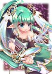  1girl bare_shoulders blue_eyes bow_(weapon) breasts dress emil_chronicle_online frilled_dress frills green_dress green_hair hair_ornament highres holding holding_bow_(weapon) holding_weapon long_hair mitama_lilie open_mouth pointy_ears ponytail small_breasts weapon white_wings wings yupi828 