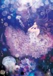  24_ch air_bubble bubble commentary_request coral dress fish frilled_dress frills hands_on_own_cheeks hands_on_own_face jellyfish long_hair original purple purple_eyes purple_hair sea_urchin solo too_many too_many_frills underwater 