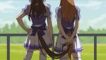  2girls arms_behind_back bow brown_hair commentary day el_condor_pasa_(umamusume) english_commentary from_behind grass_wonder_(umamusume) hand_on_own_hip holding_another&#039;s_tail horse_girl horse_tail long_hair maiqo multiple_girls outdoors pleated_skirt purple_bow purple_shirt school_uniform shirt short_sleeves skirt standing tail tail_bow tail_ornament thighhighs tracen_school_uniform umamusume white_skirt white_thighhighs yuri zettai_ryouiki 