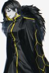  1girl binah_(project_moon) black_coat black_dress black_eyes black_hair blonde_hair breasts coat coat_on_shoulders colored_inner_hair dress earrings fur-trimmed_coat fur_trim graysky_13 hexagon_print highres jewelry library_of_ruina lobotomy_corporation long_sleeves mole mole_under_eye multicolored_hair project_moon simple_background solo standing upper_body white_background 