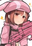  &gt;:) animal_ears animal_hat bangs blush brown_eyes brown_hair bullpup bunny_ears bunny_hat closed_mouth commentary_request eyebrows_visible_through_hair gloves gun hat holding holding_gun holding_weapon jacket llenn_(sao) long_sleeves looking_at_viewer noa_(letizia) p-chan_(p-90) p90 pink pink_gloves pink_hat pink_jacket simple_background smile solo sparkle submachine_gun sword_art_online sword_art_online_alternative:_gun_gale_online v-shaped_eyebrows weapon white_background 