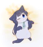  animal animal_focus animalization black_fur black_hair blue_eyes cat closed_mouth full_body green_ribbon grey_cat grey_fur hutaba idolmaster idolmaster_million_live! long_hair looking_at_viewer lying mogami_shizuka neck_ribbon no_humans on_back one_eye_closed pawpads ribbon solo 