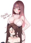  2girls bare_shoulders bikini black_choker black_ribbon blunt_bangs blush breast_rest breasts breasts_on_head brown_eyes brown_hair chaisia_art choker cleavage closed_eyes closed_mouth detached_sleeves english_text eyebrows_hidden_by_hair eyes_visible_through_hair glasses grey_shirt hair_ornament hair_ribbon hairclip hands_on_own_hips heart heart_choker indie_virtual_youtuber large_breasts long_hair looking_at_viewer looking_to_the_side michi_(chaisia_art) multicolored_hair multiple_girls open_mouth original ribbon round_eyewear shirt sky_above_me sky_above_me_(vtuber) smile standing strapless strapless_shirt streaked_hair swept_bangs swimsuit thigh_strap thighs tongue twintails very_long_hair virtual_youtuber white_background white_bikini 
