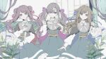  3girls absurdres arowana dagger double_bun dress fish flying_fish gehenna_(vocaloid) grey_hair hair_bun hair_ornament hair_ribbon highres himehina_channel holding holding_dagger holding_knife holding_weapon knife long_hair multiple_girls nijisanji purple_eyes purple_nails ribbon sukoya_kana suzuki_hina tanaka_hime tears twintails virtual_youtuber weapon x_hair_ornament yanagida_shiina 