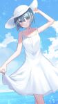  1girl arm_up blue_eyes blue_hair blue_sky cloud cloudy_sky collarbone day dress hair_ornament hairclip hat highres kashisu looking_at_viewer mahou_shoujo_madoka_magica mahou_shoujo_madoka_magica_(anime) miki_sayaka ocean outdoors parted_lips short_hair skirt_hold sky solo summer sun_hat sundress white_dress white_hat 