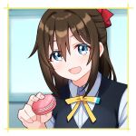  1girl black_vest blue_eyes blue_shirt blush bow brown_hair collared_shirt commentary food hair_between_eyes hair_bow highres holding holding_food incoming_food indoors long_hair looking_at_viewer love_live! love_live!_nijigasaki_high_school_idol_club macaron neck_ribbon nijigasaki_school_uniform open_mouth osaka_shizuku red_bow ribbon school_uniform shirt sidelocks smile solo summer_uniform vest yatogame765 