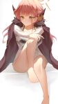  1girl absurdres adapted_costume aru_(blue_archive) ayu_(user_xkhp7843) bare_legs barefoot bikini bikini_under_clothes black_bikini blue_archive blunt_bangs blush bottomless breasts closed_mouth coat coat_on_shoulders commentary convenient_leg curved_horns demon_girl demon_horns eyelashes feet full_body fur-trimmed_coat fur_trim hair_on_horn halo hand_on_own_knee highres horns knee_up large_breasts legs light_frown long_hair long_sleeves looking_to_the_side pink_hair pink_halo school_uniform see-through_clothes see-through_shirt shirt simple_background solo swimsuit thighs toes tsurime v_arms white_background white_shirt 