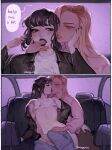  2girls ahageao49 arm_tattoo artist_name barbell_piercing black_hair black_jacket black_lips black_nails blonde_hair blue_pants car_interior clothes_lift clothes_pull commentary english_text finger_in_another&#039;s_mouth fingering french_kiss hand_on_another&#039;s_thigh highres jacket jewelry kiss long_hair multiple_girls multiple_rings necklace nipple_piercing original pants pants_pull piercing pink_jacket purple_background reach-around ring shirt shirt_lift short_hair speech_bubble symbol-only_commentary tattoo tongue tongue_out white_shirt yuri 