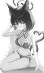  &gt;:( 1girl absurdres animal_ear_fluff animal_ears arm_ribbon arm_support armpit_crease bare_shoulders bikini black_choker black_hair blue_archive blush breasts bright_pupils cat_ears cat_girl cat_tail choker cleavage closed_mouth collarbone commentary criss-cross_halter eyelashes eyes_visible_through_hair flower flower_bikini frown full_body grey_eyes greyscale hair_between_eyes hair_intakes halo halterneck hand_up heart_tail_duo highres kikyou_(blue_archive) kikyou_(swimsuit)_(blue_archive) looking_at_viewer medium_breasts medium_hair monochrome multi-strapped_bikini_bottom multi-strapped_bikini_top multiple_tails navel official_alternate_costume ribbon shj1998z side-tie_bikini_bottom simple_background sitting skindentation solo stomach straight_hair swimsuit tail tail_raised thighs tsurime two_tails v-shaped_eyebrows white_background white_pupils yokozuwari 