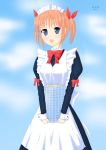  1girl breasts building crush destruction echigoya giantess holding maid_costume medium_breasts orange_hair smile twintails 