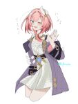  1girl ;o absurdres bare_shoulders blue_eyes breasts coat commentary_request cropped_legs cyrene_(honkai:_star_rail) dress hair_ornament highres honkai:_star_rail honkai_(series) jewelry looking_at_viewer multicolored_hair necklace one_eye_closed pink_hair pointy_ears ponunu purple_coat short_hair simple_background small_breasts solo translation_request twitter_username two-tone_hair white_background white_dress white_hair 