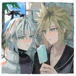  2boys blonde_hair blue_eyes blue_sky blush cloud_strife cloud_strife_(maritime_sailor) final_fantasy final_fantasy_vii final_fantasy_vii_ever_crisis food green_eyes grey_hair highres holding holding_food holding_popsicle hot kv9g7 looking_at_another male_focus melting melting_popsicle multiple_boys official_alternate_costume outdoors palm_tree popsicle sephiroth sephiroth_(ever_crisis) sephiroth_(natant_jacket) short_hair sky spiked_hair sweat tree yaoi 