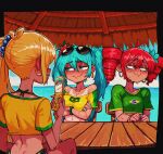  3girls ahoge akita_neru aqua_eyes aqua_hair aqua_nails arm_under_breasts averting_eyes bare_arms bare_legs bare_shoulders bead_bracelet beads bikini blonde_hair blush bracelet brazilian_flag brazilian_flag_print brazilian_miku brazilian_miku_(cosplay) breasts caught cellphone cleavage commentary cosplay cropped_shirt crossed_arms dimples_of_venus drill_hair ear_blush earrings english_commentary eyewear_on_head flag_print flip_phone flower hair_between_eyes hair_bobbles hair_flower hair_ornament hairband hatsune_miku highres holding holding_phone hoop_earrings jewelry kasane_teto long_hair medium_breasts midriff multiple_girls nail_polish nervous_sweating nose_blush off-shoulder_shirt off_shoulder osidid phone red_hairband shirt short_sleeves side-tie_bikini_bottom side_ponytail smile sunglasses sweat swimsuit table tan tanlines twin_drills vocaloid wavy_mouth yuri 