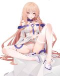  1girl artist_name bare_shoulders blonde_hair blush breasts chest_tattoo chinese_commentary cleavage clothes_lift commission copyright_request dress dress_lift full_body hair_between_eyes high_heels highres impossible_clothes impossible_dress long_hair looking_at_viewer medium_breasts off-shoulder_dress off_shoulder panties pixiv_commission red_eyes see-through_clothes see-through_panties signature simple_background sitting smile solo tattoo thighhighs underwear very_long_hair white_background white_panties white_thighhighs xnnagu 