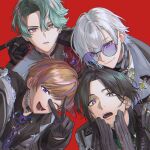  4boys :o ;d absurdres arm_around_shoulder black_coat black_gloves black_hair black_shirt blue_eyes blue_hair blue_necktie brown_hair by_the_beat chain chain_necklace choker closed_mouth coat coat_on_shoulders collared_shirt commentary crescent crescent_necklace curtained_hair earclip earrings eyeshadow freodore_(nijisanji) gem gloves gold_ring gradient_hair green_eyes grey_choker grey_coat grey_hair grey_jacket hair_between_eyes hand_on_another&#039;s_shoulder hand_up hands_up highres jacket jewelry kaelix_debonair kaohom503 lapels long_sleeves looking_at_viewer makeup male_focus medium_hair mole mole_under_eye mole_under_mouth multicolored_eyes multicolored_hair multiple_boys multiple_rings necklace necktie nijisanji nijisanji_en one_eye_closed open_clothes open_jacket open_mouth parted_bangs parted_hair parted_lips pink_hair purple-tinted_eyewear purple_eyes purple_eyeshadow purple_gemstone red_background ring round_eyewear seible_(nijisanji) shirt short_hair simple_background smile streaked_hair sunglasses symbol-only_commentary teeth thumb_ring tinted_eyewear turtleneck two-tone_eyes upper_body upper_teeth_only v v-shaped_eyebrows virtual_youtuber white_hair white_shirt wing_collar yellow_gemstone zeal_ginjoka 