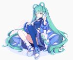  1girl absurdres aqua_eyes aqua_hair aqua_nails asymmetrical_legwear blue_jacket blue_shoes blush braid breasts closed_mouth crop_top earrings hair_ornament hand_on_own_knee hatsune_miku heart heart_earrings highres jacket jewelry lingerain long_hair long_sleeves looking_at_viewer magical_mirai_(vocaloid) magical_mirai_miku magical_mirai_miku_(2025) medium_breasts official_alternate_costume official_alternate_hairstyle one_eye_closed open_clothes open_jacket shoes signature simple_background sitting smile solo star_(symbol) star_hair_ornament twin_braids twintails very_long_hair vocaloid white_background 