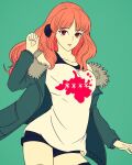  1girl black_shorts black_sports_bra black_thighhighs celica_(fire_emblem) cosplay costume_switch fire_emblem fire_emblem_echoes:_shadows_of_valentia green_jacket headphones jacket long_hair persona persona_5 princess red_eyes red_hair sakura_futaba shirt shorts sports_bra thighhighs truejekart white_shirt 