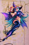  1girl aqua_hair armlet boots breasts chocolate_magician_girl closed_eyes english_commentary gloves hat heart high_heels highres holding holding_wand jewelry large_breasts long_hair looking_at_viewer midriff narrow_waist navel pentagram pointy_ears red_eyes shorts sleeveless solo sozomaika thick_thighs thigh_boots thighs very_long_hair wand wide_hips wizard_hat yu-gi-oh! 