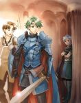  ? alm_(fire_emblem) armor artist_name boey_(fire_emblem) boots brown_hair cape circlet crossed_arms dark_skin dark_skinned_male fire_emblem fire_emblem_echoes:_mou_hitori_no_eiyuuou gloves green_eyes green_hair headband male_focus multiple_boys open_mouth robin_(fire_emblem_gaiden) shield sword tamami_if teeth weapon white_hair 