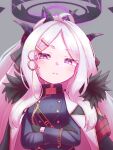  1girl ahoge armband black_coat black_gloves black_halo blue_archive coat coat_on_shoulders demon_girl demon_horns gloves halo highres hina_(blue_archive) horns katu_chicken long_hair looking_at_viewer purple_eyes red_armband simple_background solo upper_body white_hair 