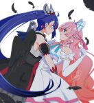  2girls absurdres arm_around_waist arm_bow ascot bare_shoulders bird_wings black_gloves black_skirt black_sleeves black_wings blue_eyes blue_hair blue_ribbon bow braid center_frills clenched_hand closed_mouth collared_shirt colored_tips cowboy_shot crack cure_prism cure_sky cure_sky_(dark) dark_persona detached_sleeves dress earrings elbow_gloves empty_eyes expressionless eye_contact eyelashes feathered_wings feathers fingerless_gloves fingernails frilled_dress frilled_sleeves frills gloves gradient_hair green_eyes grey_shirt hair_bobbles hair_bow hair_ornament hair_ribbon heart heart-shaped_hair high-waist_skirt highres hirogaru_sky!_precure holding_hands interlocked_fingers jewelry leaning_back light_blush long_hair looking_at_another magical_girl multicolored_hair multiple_braids multiple_girls neck_ribbon nijigaoka_mashiro nunununoyuyuyu orange_hair parted_lips pink_hair pink_ribbon plaid_bow pleated_dress pointy_nose precure puffy_short_sleeves puffy_sleeves red_bow red_hair ribbon shirt short_dress short_sleeves side_braids signature simple_background skirt sleeveless sleeveless_shirt sora_harewataru sphere_earrings standing streaked_hair twin_braids twintails two-tone_hair very_long_hair waist_bow wavy_hair white_ascot white_background white_bow white_dress white_gloves wing_hair_ornament wings yuri 