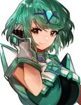  1girl absurdres alternate_color breasts chest_jewel core_crystal_(xenoblade) earrings green_hair highres jewelry large_breasts pyra_(xenoblade) short_hair simple_background solo tarbo_(exxxpiation) tiara upper_body white_background xenoblade_chronicles_(series) xenoblade_chronicles_2 yellow_eyes 