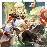  1girl ;d absurdres bird black_bridal_gauntlets black_pants blonde_hair bridal_gauntlets commentary copyright_name english_commentary fingernails fox genshin_impact hair_between_eyes highres holding holding_instrument instrument kaveh_(genshin_impact) male_focus music official_art one_eye_closed open_mouth pants playing_instrument red_eyes shirt sitting smile solo squirrel teeth upper_teeth_only white_bird white_shirt 