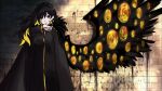  1girl angel_with_a_shotgun binah_(project_moon) black_coat black_dress black_eyes black_hair blonde_hair coat colored_inner_hair commentary drawn_wings dress earrings english_commentary fur-trimmed_coat fur_trim highres jewelry library_of_ruina lobotomy_corporation long_hair long_sleeves looking_at_viewer multicolored_hair project_moon sindrblock single_wing solo spray_paint standing upper_body wings yellow_eyes 