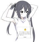  1girl armpits arms_up bandaid black_hair blush brown_eyes hair_tie k-on! long_hair nakano_azusa ph_xh2 shirt short_sleeves simple_background solo twintails upper_body white_background white_shirt 